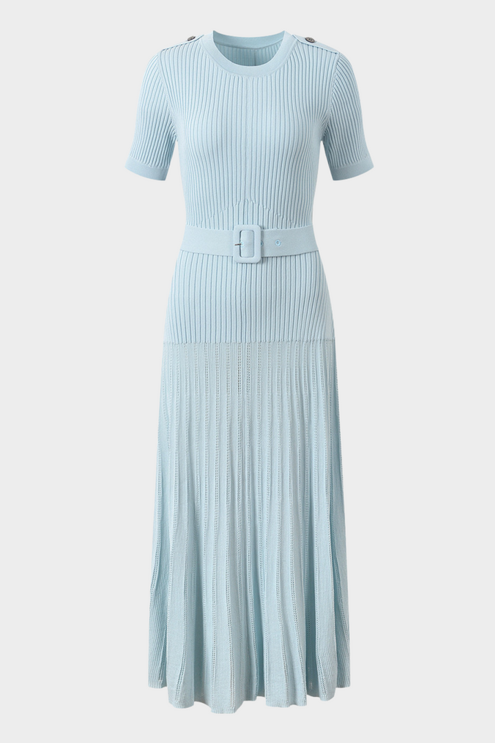 Belted Ribbed Knit  Viscose Pleated Elegance Maxi Dress