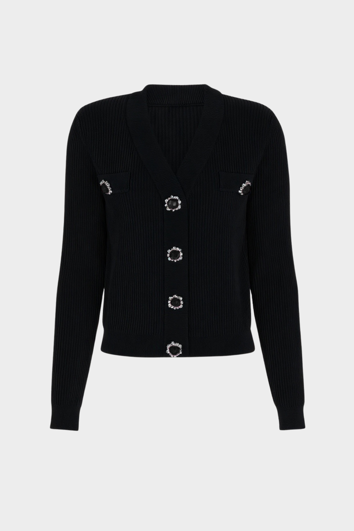 Gem Button Ribbed Knit Cardigan