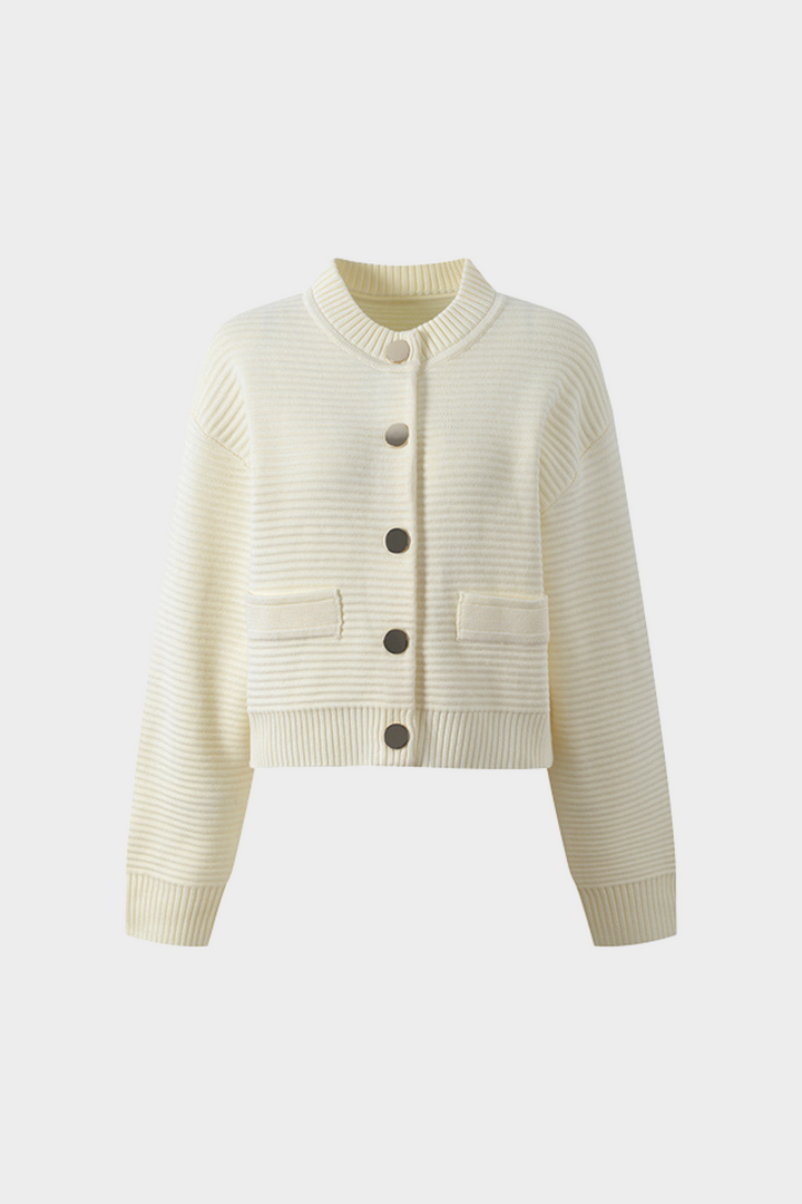 Round Neck Striped Buttoned Knit Wool Cardigan