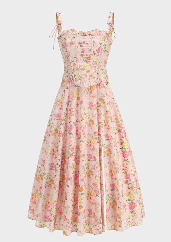 Serena Fishbone Lace Up Maxi Dress – Pink Floral