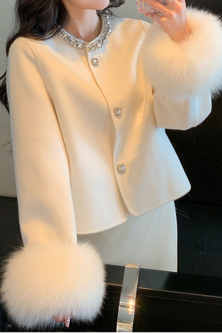 Crystal Collar Luxe Fur Cuff Wool Cardigan Top