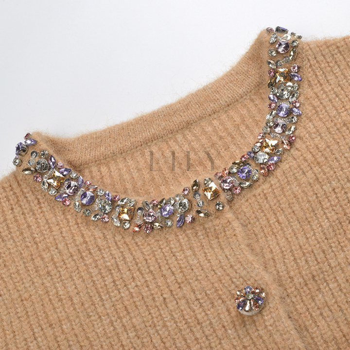Embellished Round-Neck Wool Knit Cardigan