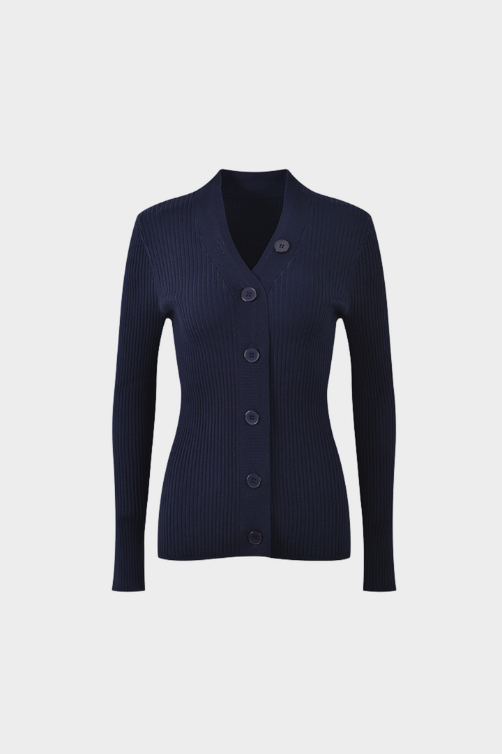 Navy Blue Soft Wool Ribbed V-Neck  Button Top