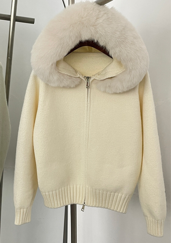 Fox Fur Collar Soft Wool Hooded jacket Top