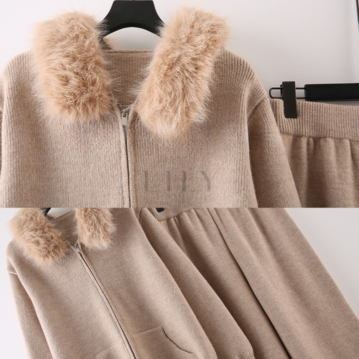 Comfy Lily Fur Trim Zip Hooded Knit Set