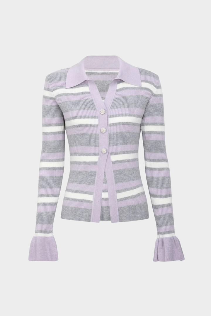 Flared Cuff Striped Knit Pearl Buttoned  Top