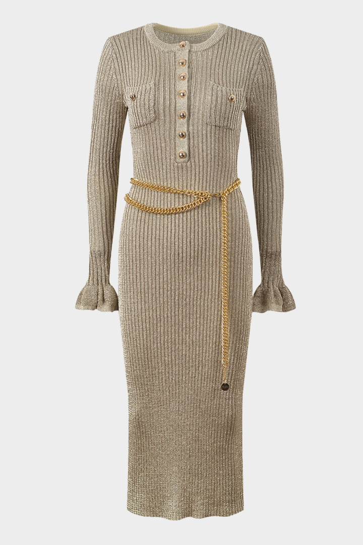 Golden Sand Chain Ribbed Knit Maxi Dress