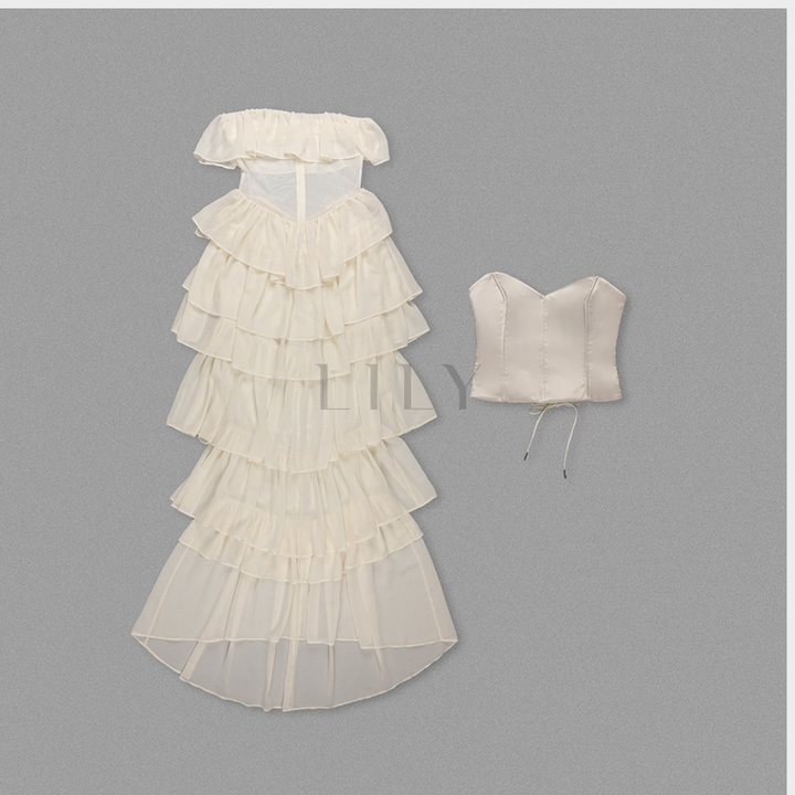 Strapless Chiffon Soft Ruffles Corset Maxi Dress