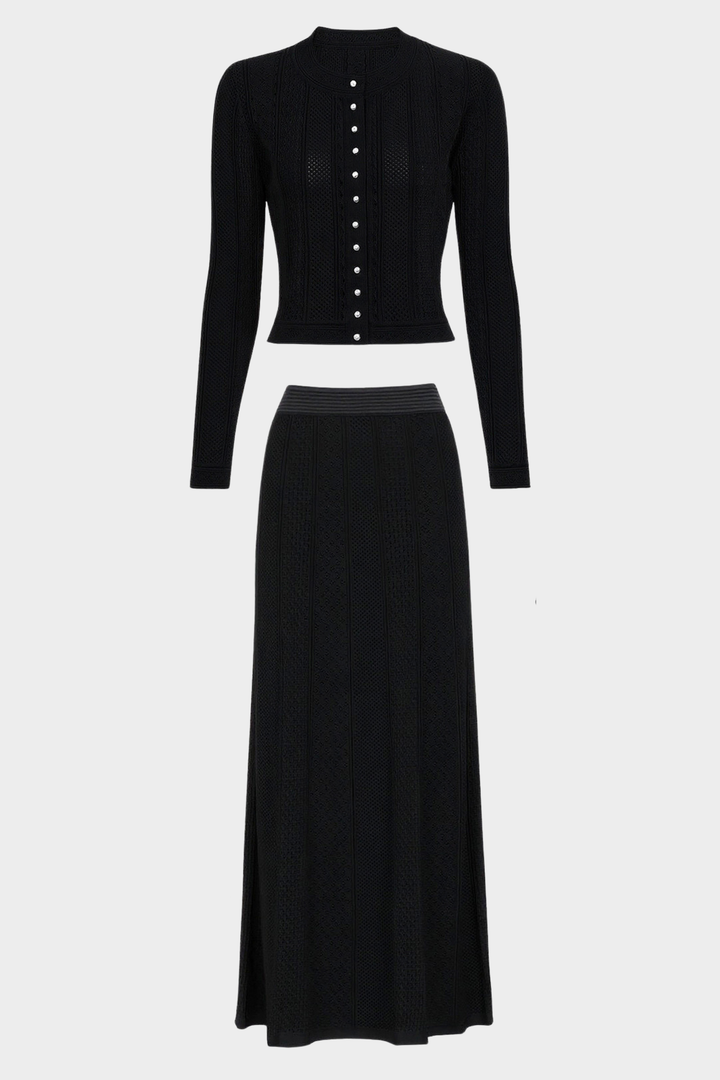 Pearl Luxe Buttoned Textured Knit Maxi Skirt Set