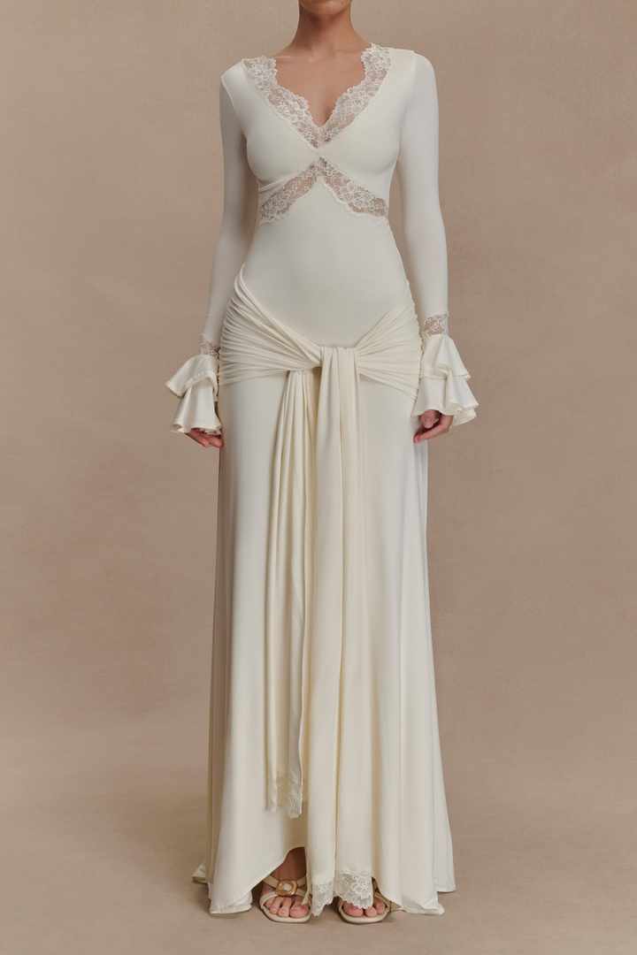 Ivory Draped Lace Trim Long Sleeve Maxi Dress