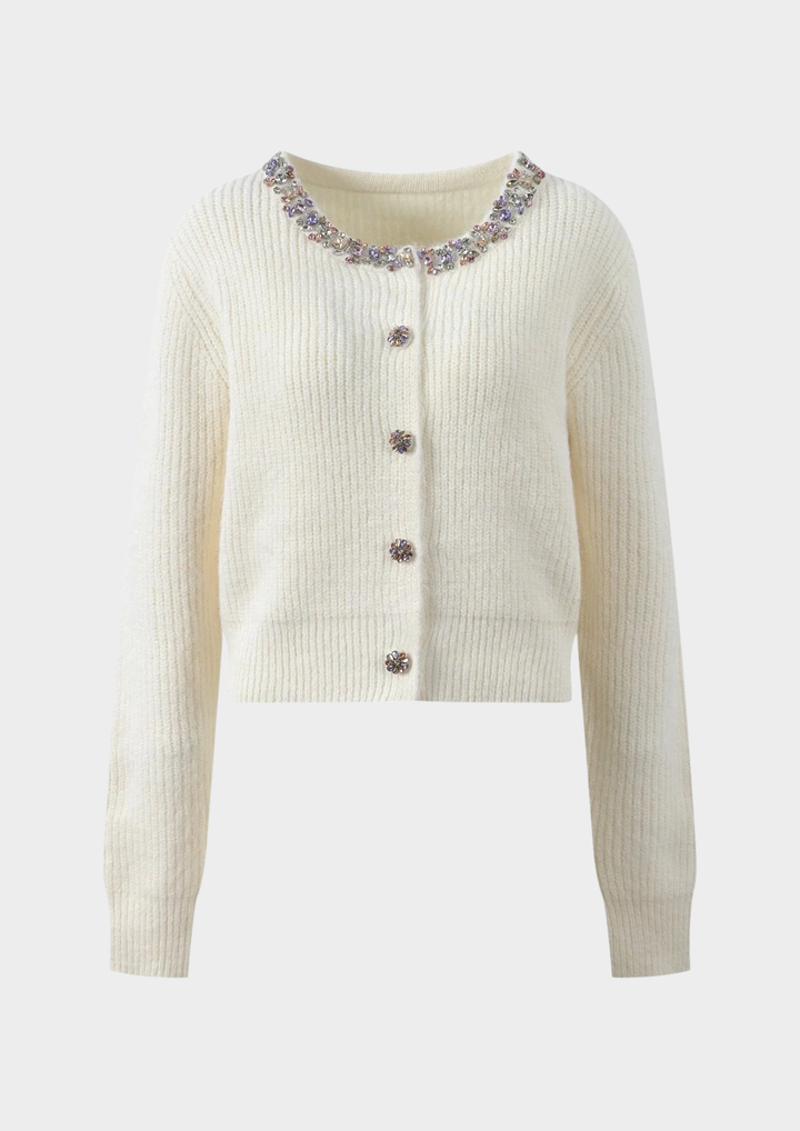 Embellished Round-Neck Wool Knit Cardigan
