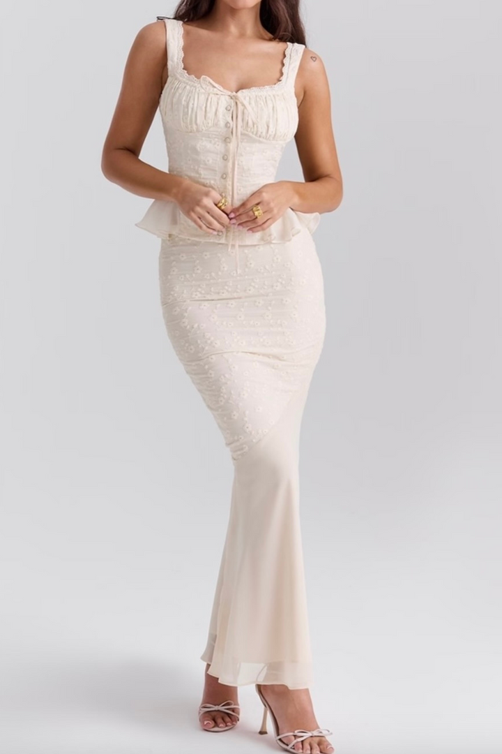 Ivory Bloom Peplum Embroidered Mesh Maxi Skirt Set