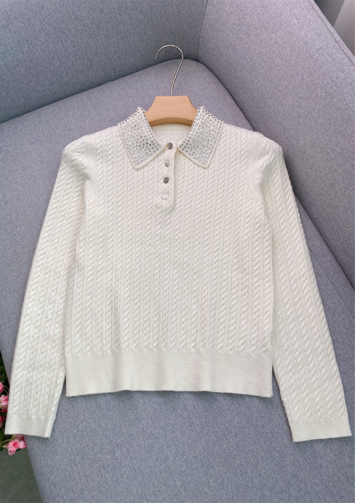 Ivory Wool Crystal Neck Knit Top