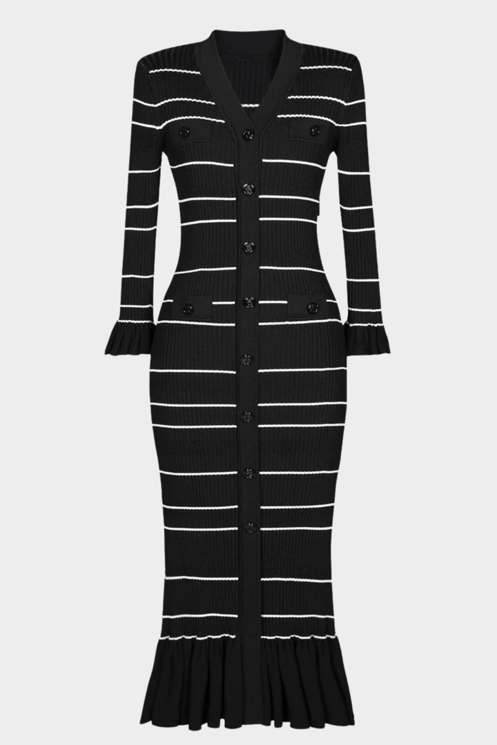 Dalia Striped Flare Knit V Neck Maxi Dress