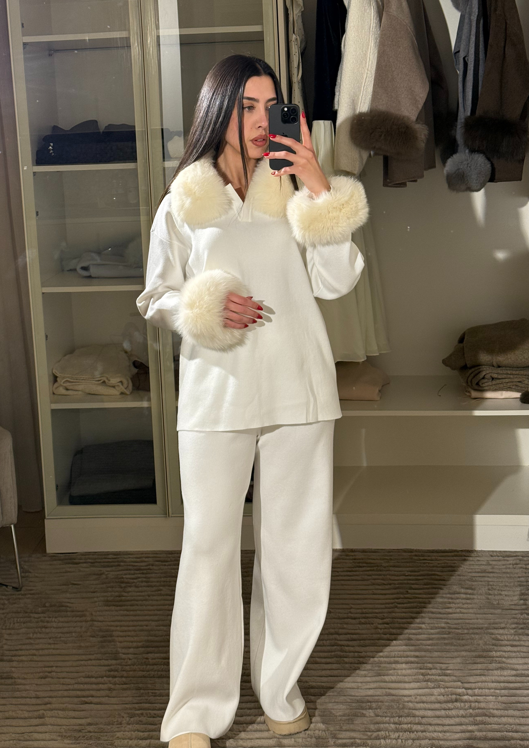 Velora Real Fox Fur Knit Lounge Set - Removable Fur Cuff & Neck
