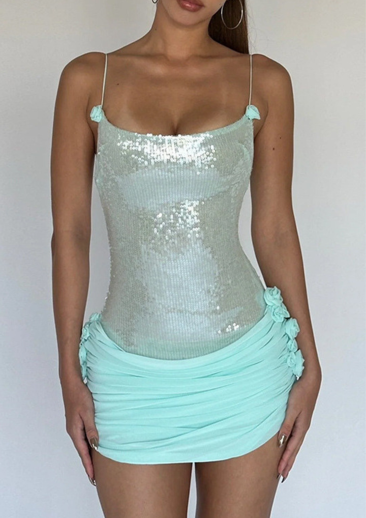 Aqua Siren Sequin Floral Mini Dress
