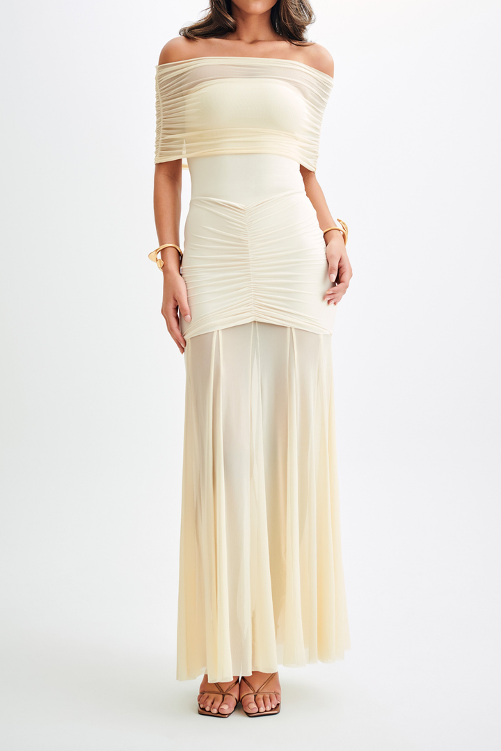 Katie Mesh Ruched Off Shoulder Sheer Maxi Dress