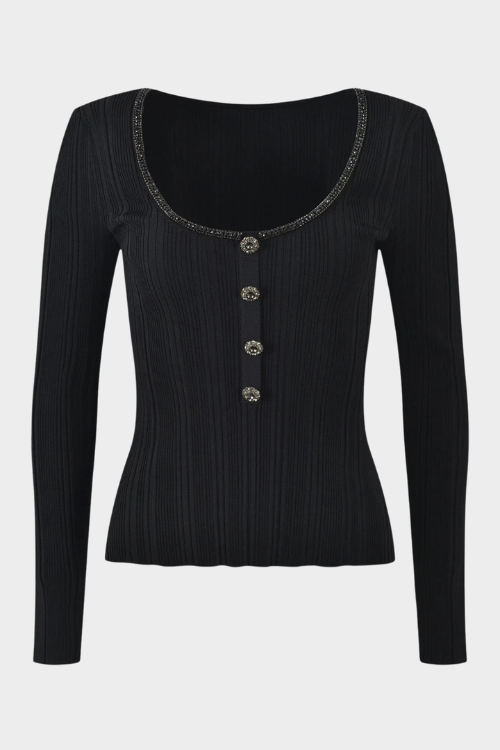 Crystal Trim U-Neck Ribbed Wool Top