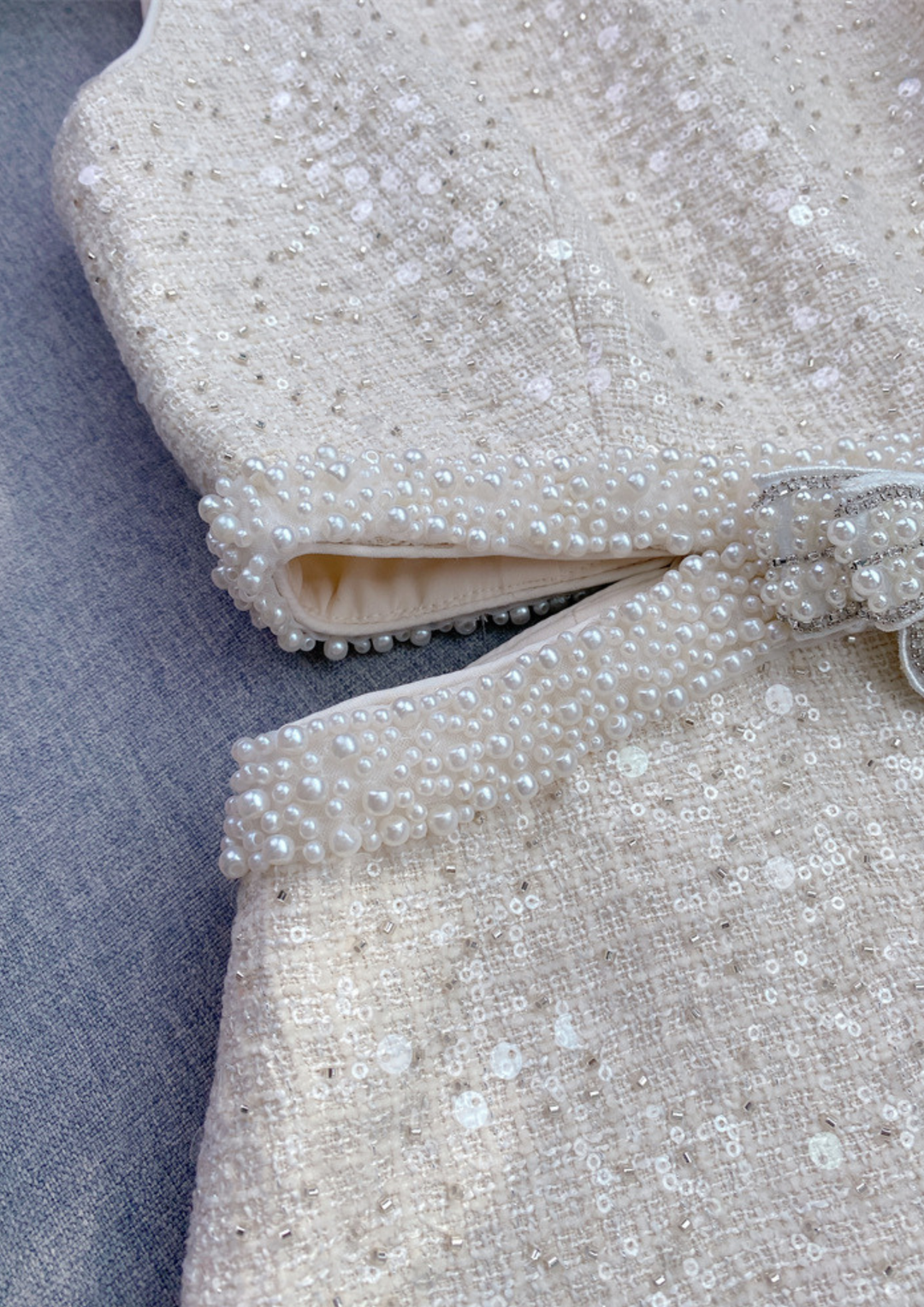 Serene Shine Pearl Sequin Bow Open Waist Mini Dress