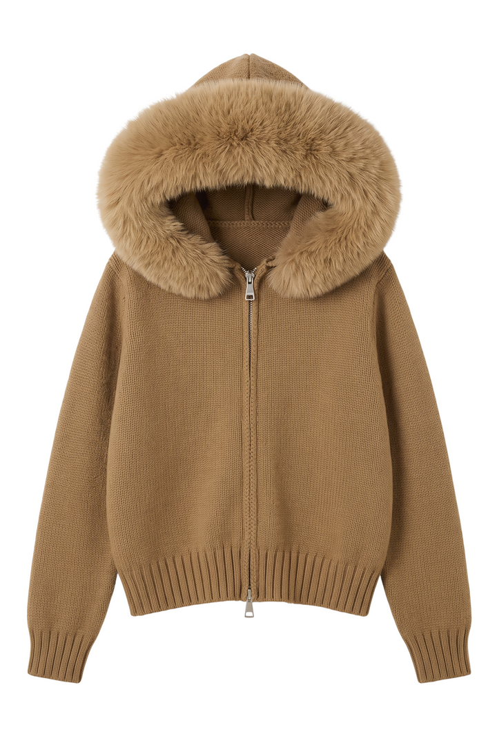 Fox Fur Collar Soft Wool Hooded jacket Top