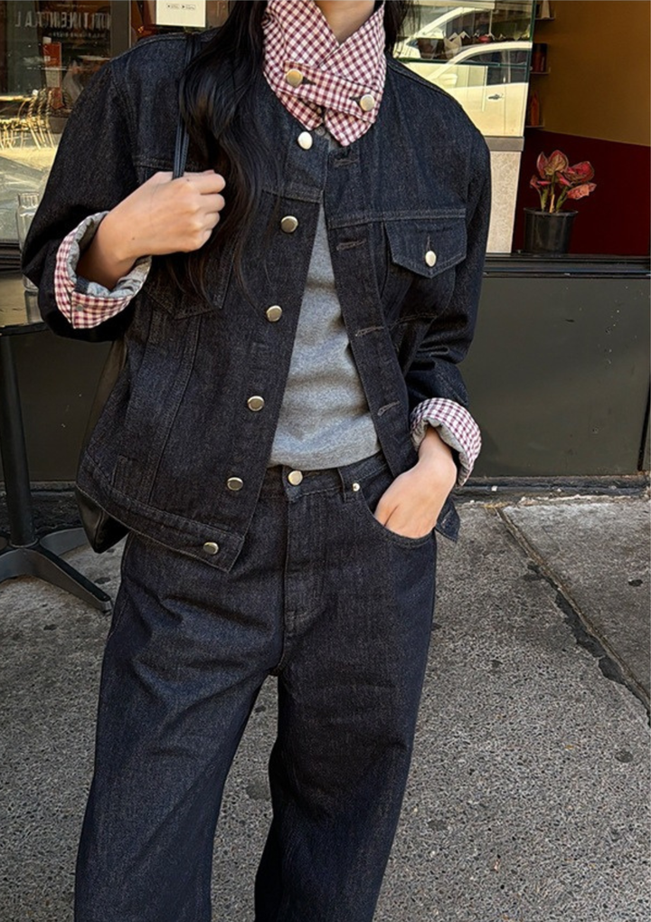 Arielle Check Cuff Denim Cardigan Jacket