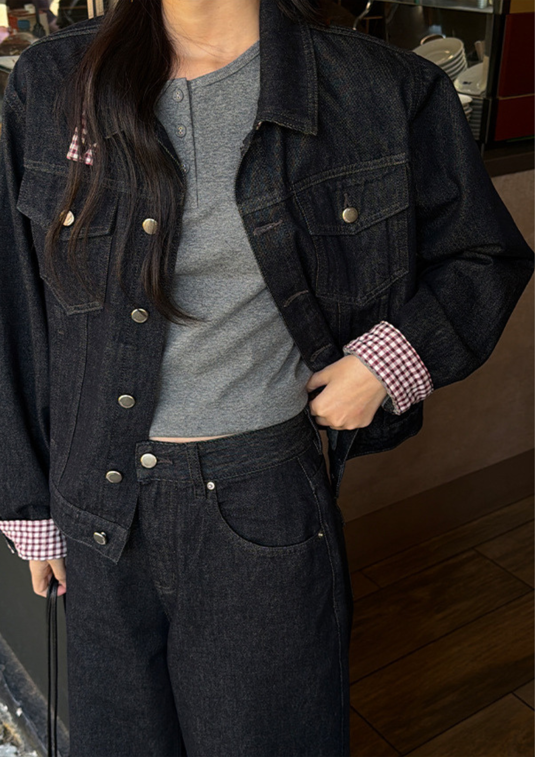 Arielle Check Cuff Denim Cardigan Jacket