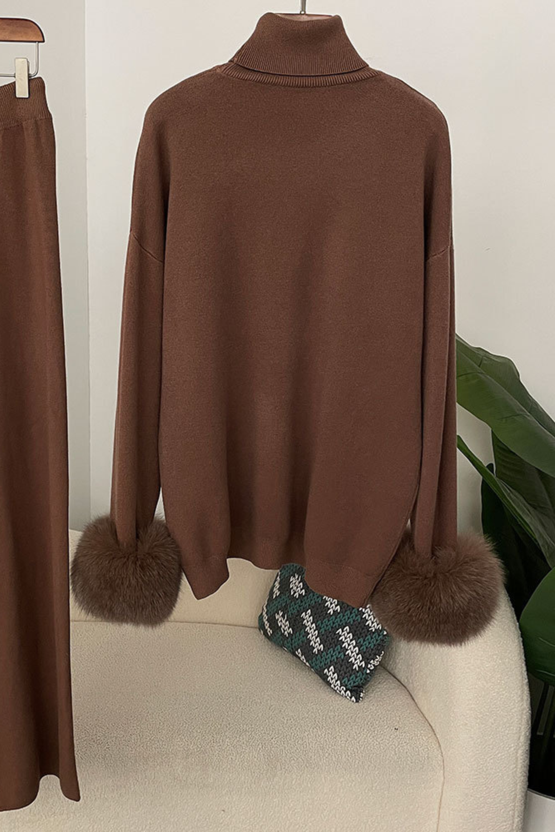 Ivy Real Fox Fur Turtleneck Knit Lounge Set
