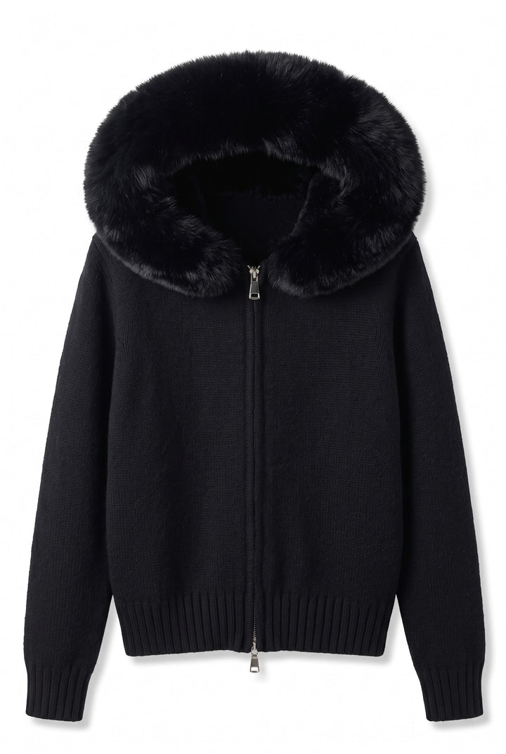 Fox Fur Collar Soft Wool Hooded jacket Top
