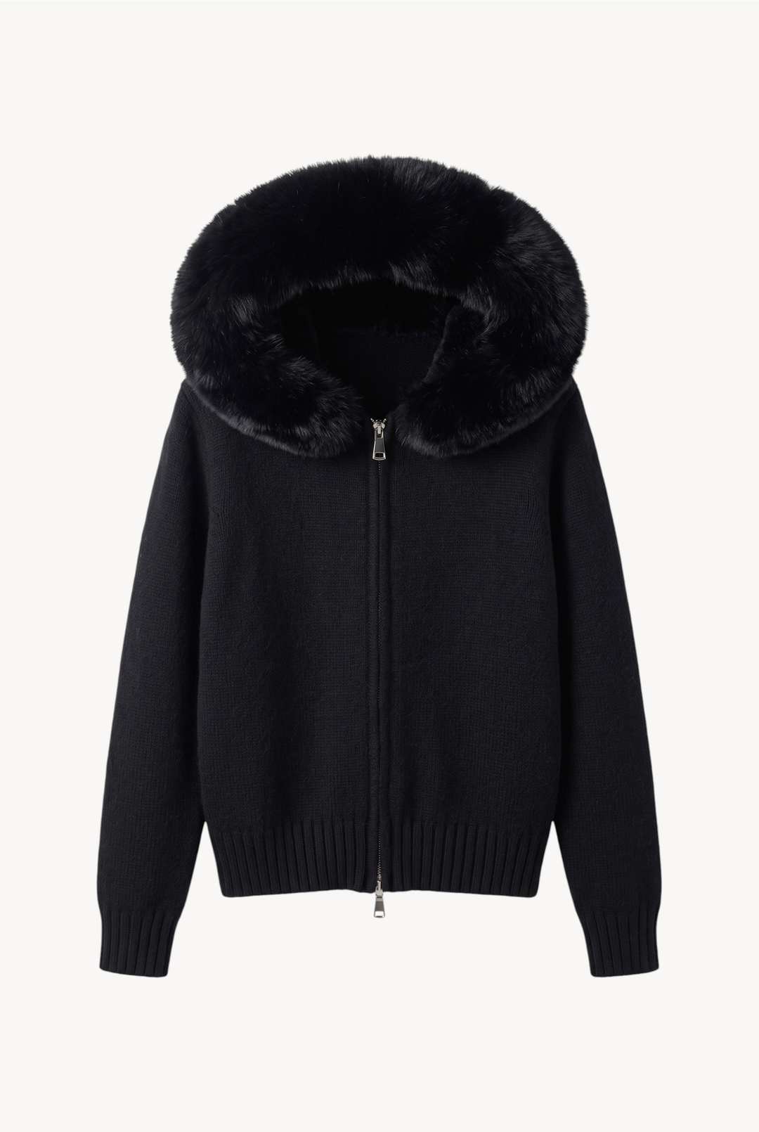 lily black wool hooded jacket with a plush genuine fox fur collar and full front zipper closure