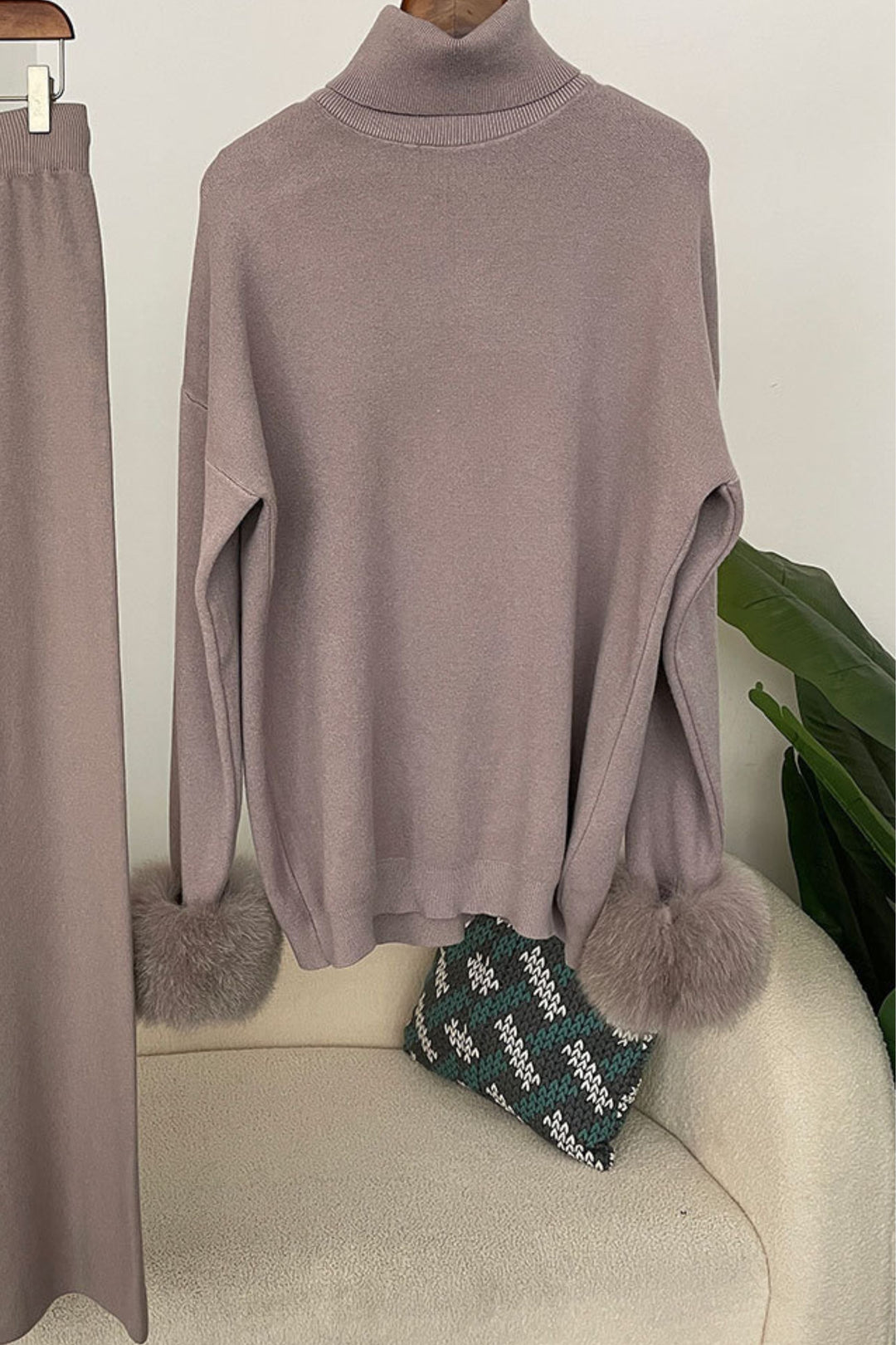 Ivy Real Fox Fur Turtleneck Knit Lounge Set