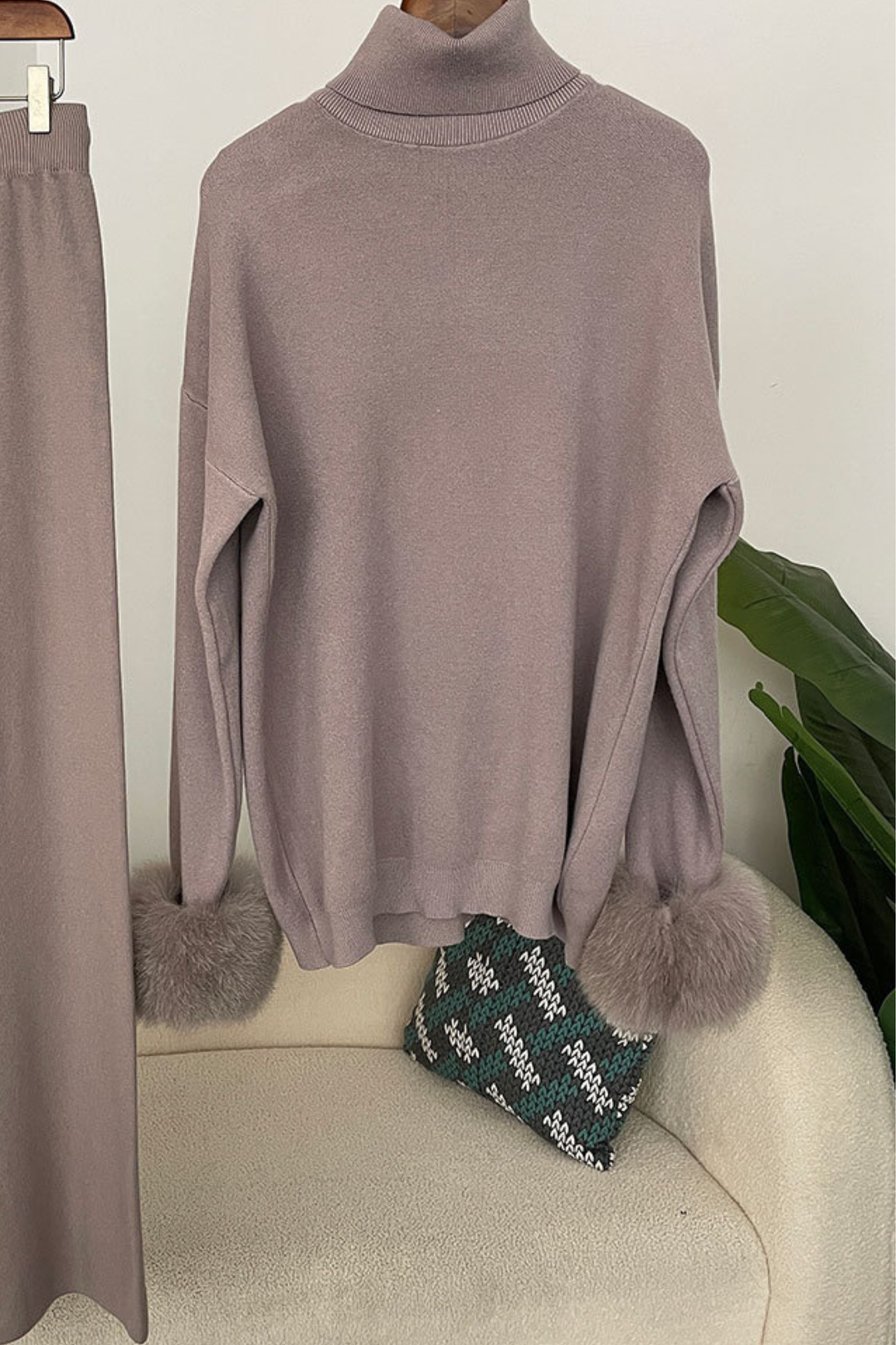 Ivy Real Fox Fur Turtleneck Knit Lounge Set