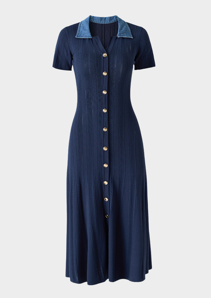 Denim Collar Buttoned Knit Maxi Dress