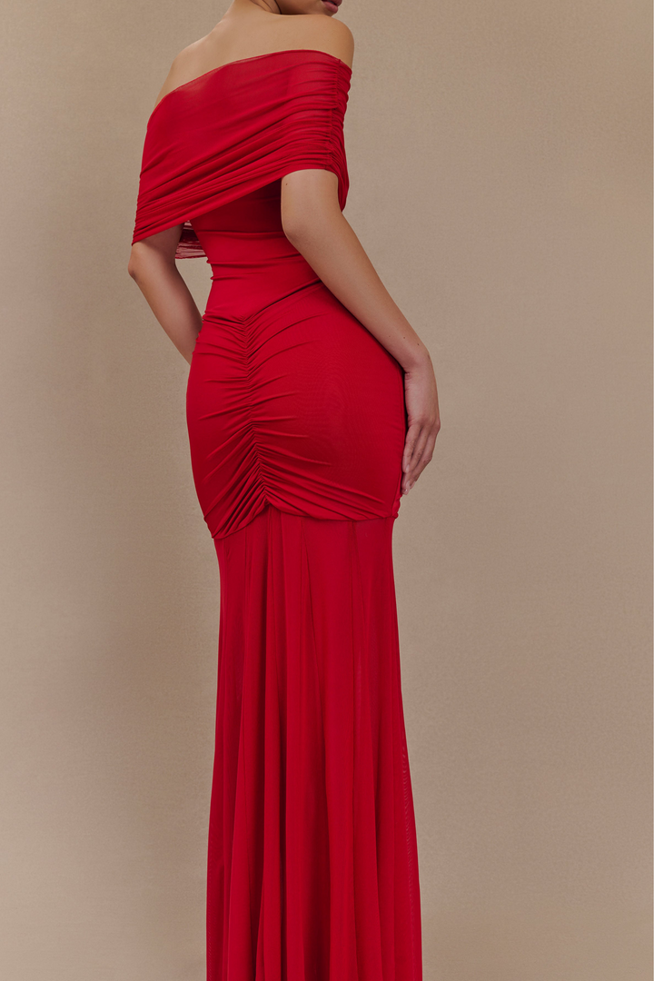 Scarlet Serenity Off Shoulder Ruched Mesh Maxi Dress