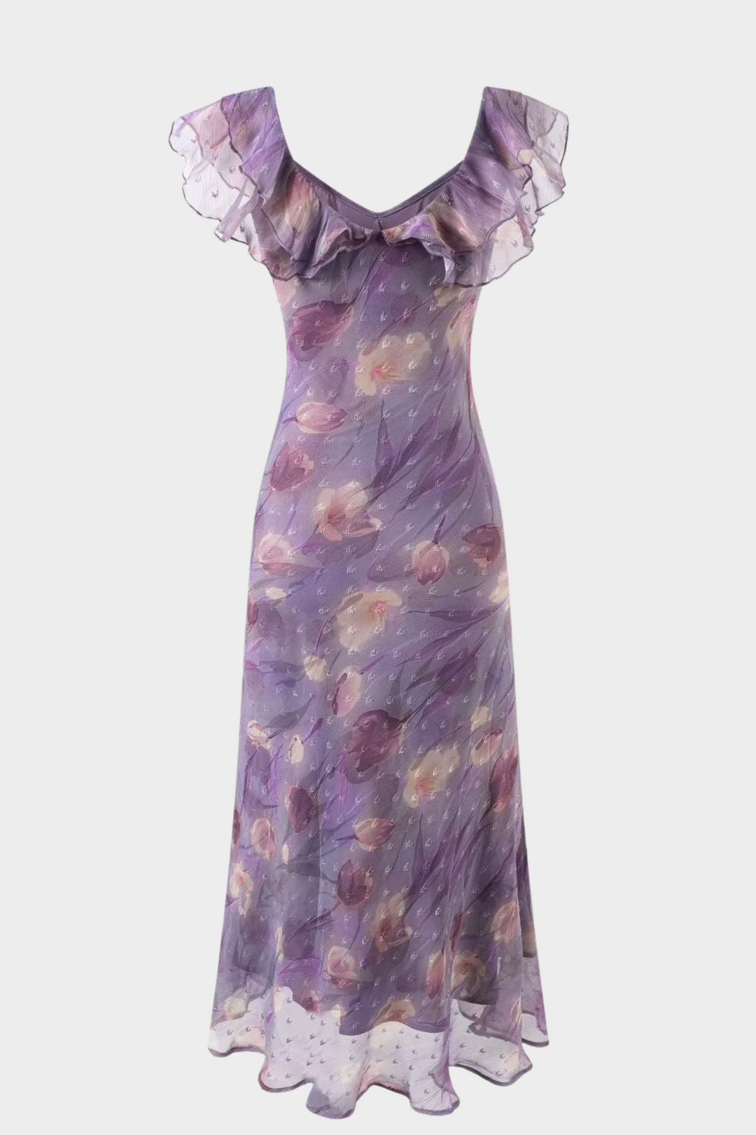 Enchanted Violet Floral Ruffle Maxi Dress