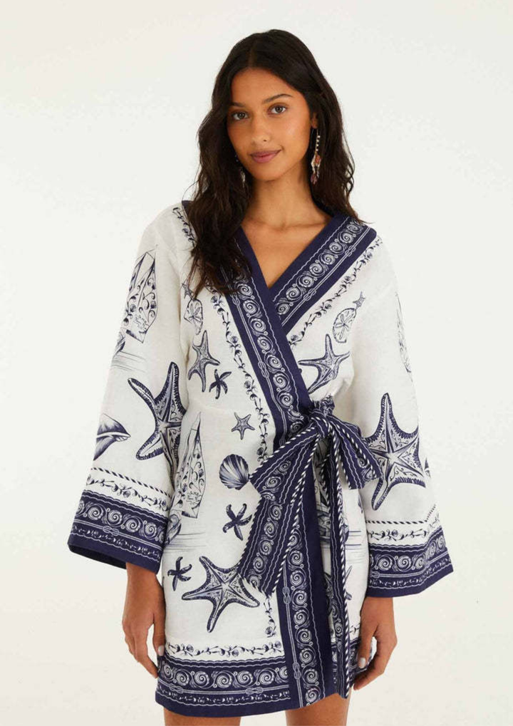 Seaside Toile Wrap Mini Dress