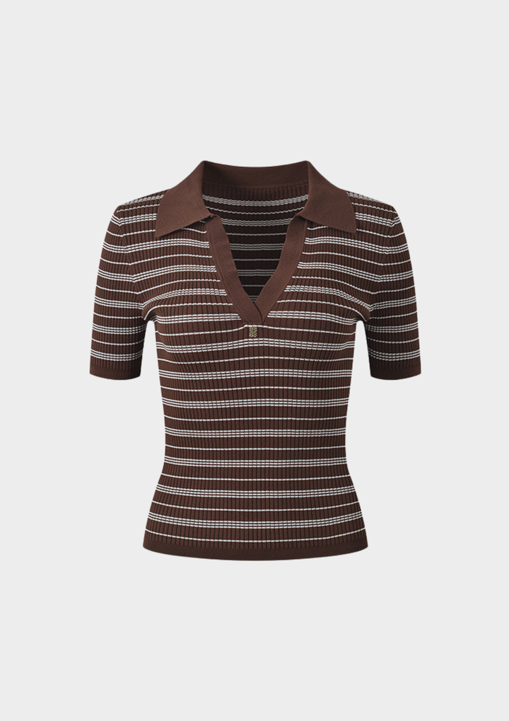 Cocoa Stripe Ribbed Polo Knit Top