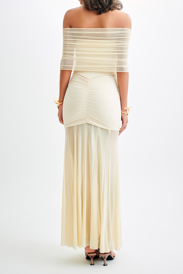 Katie Mesh Ruched Off Shoulder Sheer Maxi Dress