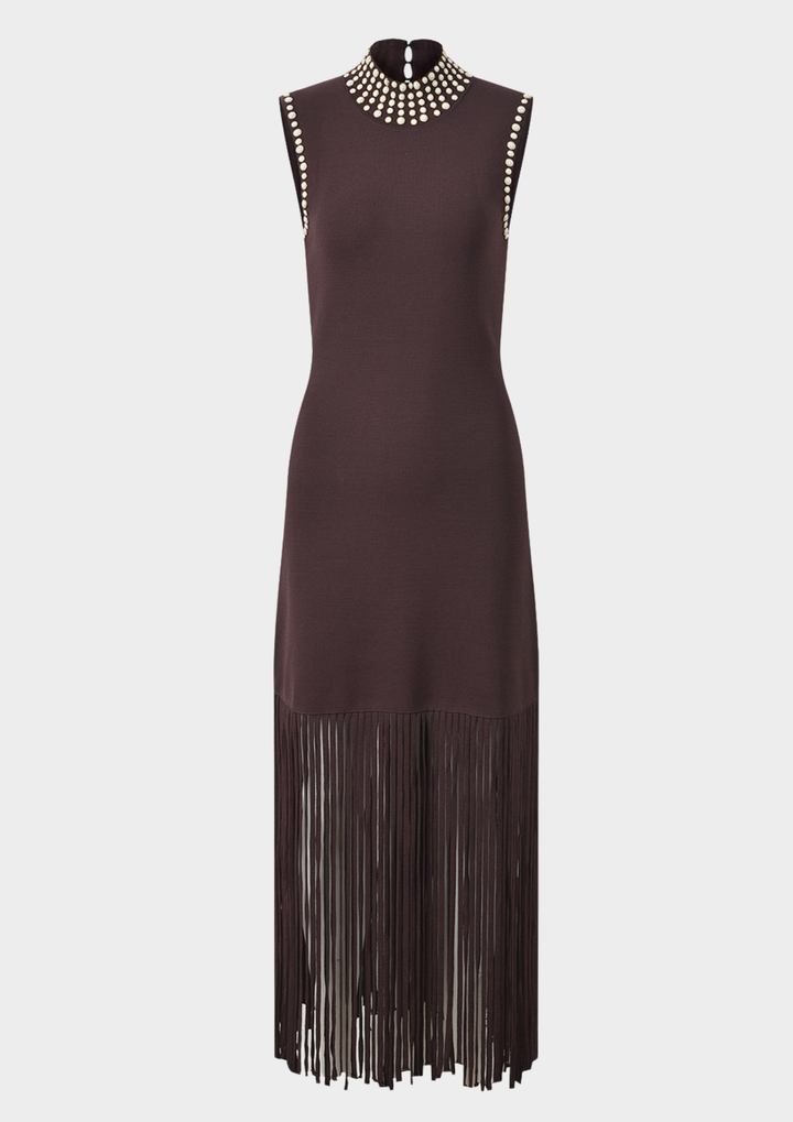 Mocha Pearl Fringe Maxi Dress