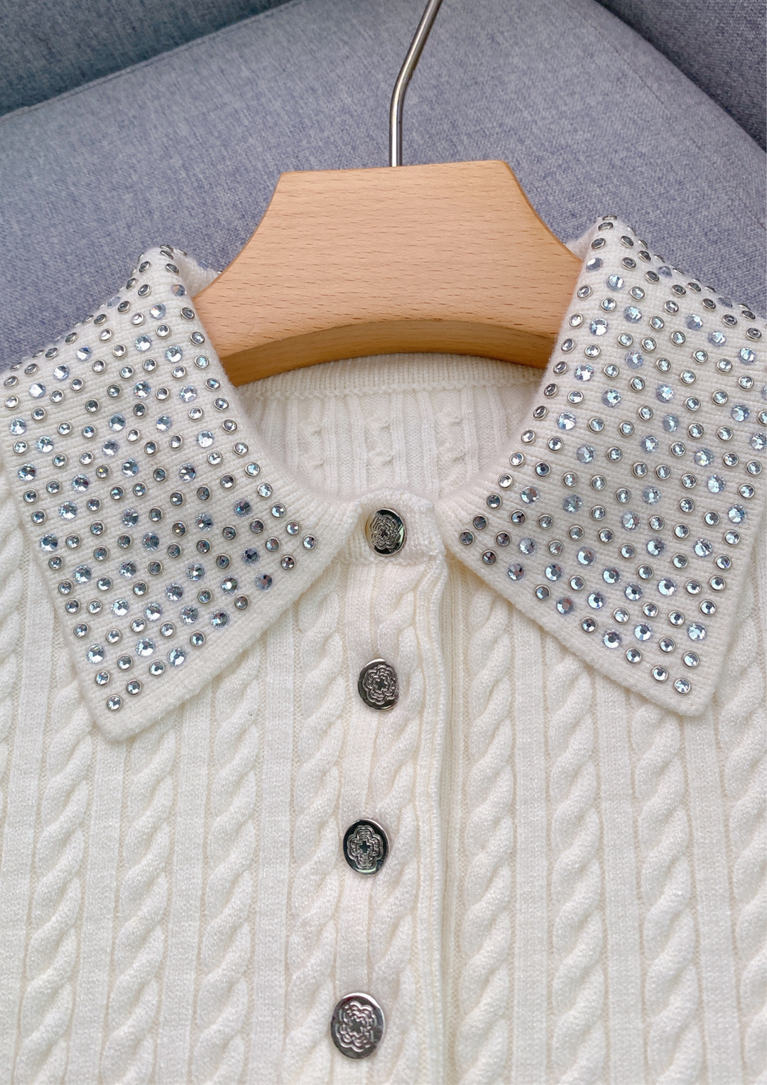 Ivory Wool Crystal Neck Knit Top