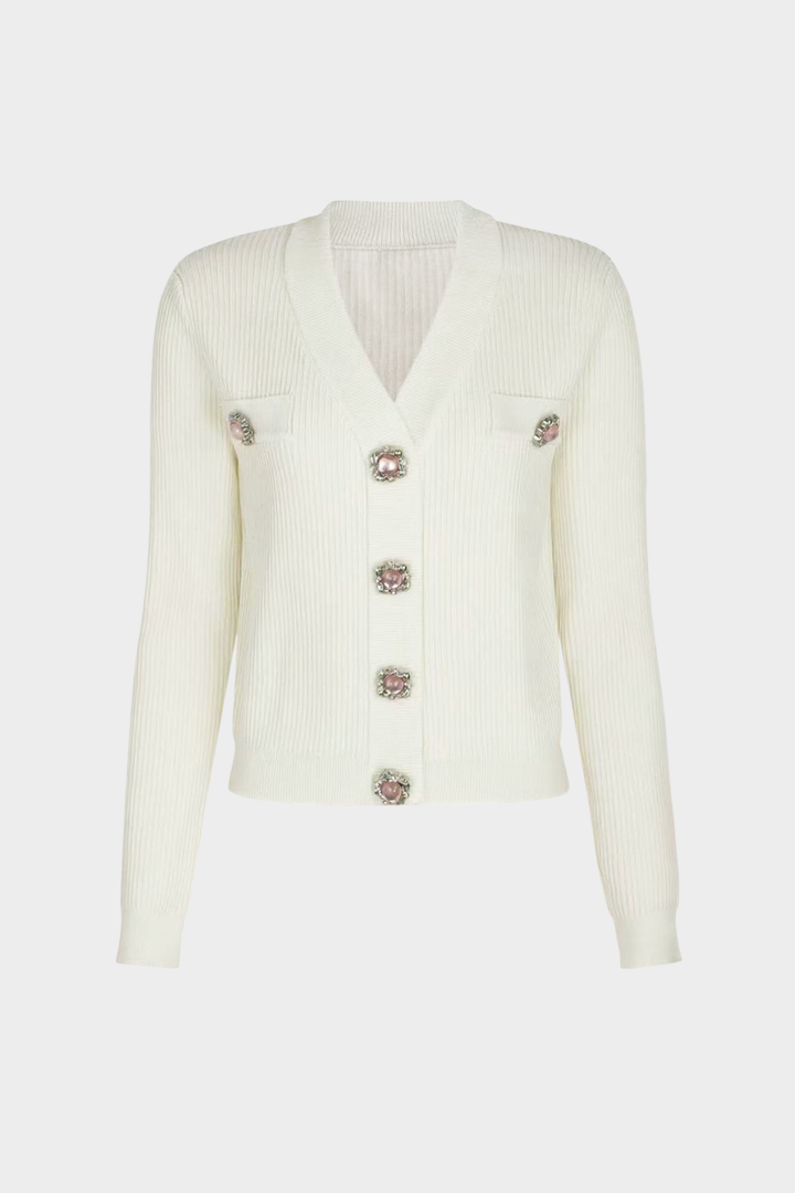 Gem Button Ribbed Knit Cardigan