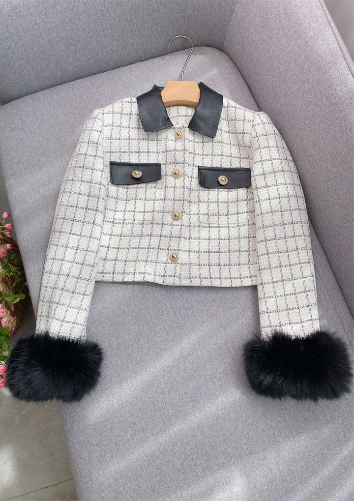 Noir Elegance  Chic Tweed Fur Trim Set