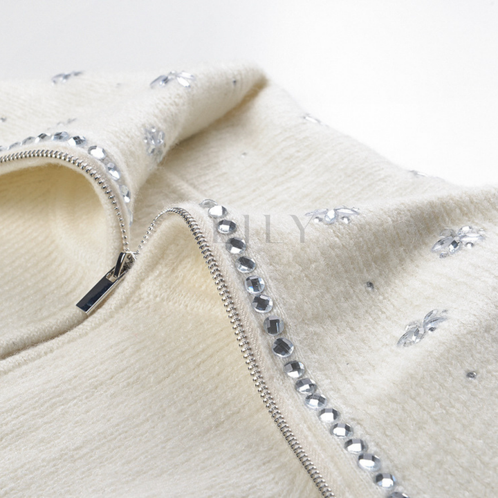 Crystal Bloom Collar Wool Cardigan Jacket Top