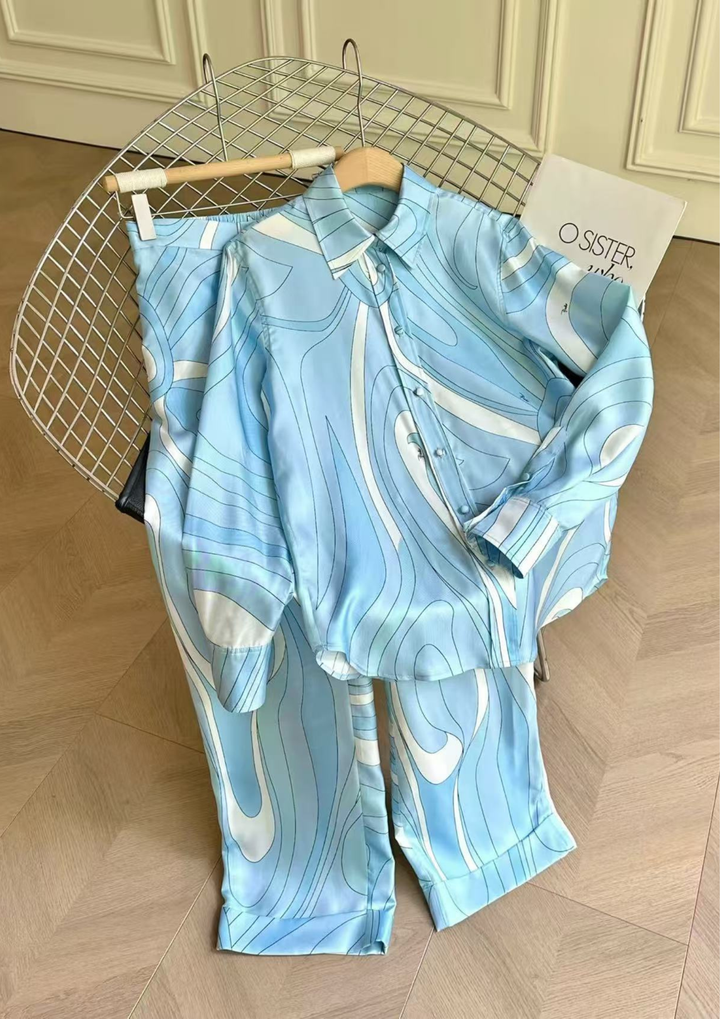 Ocean Wave Satin Shirt &amp; Pants Set
