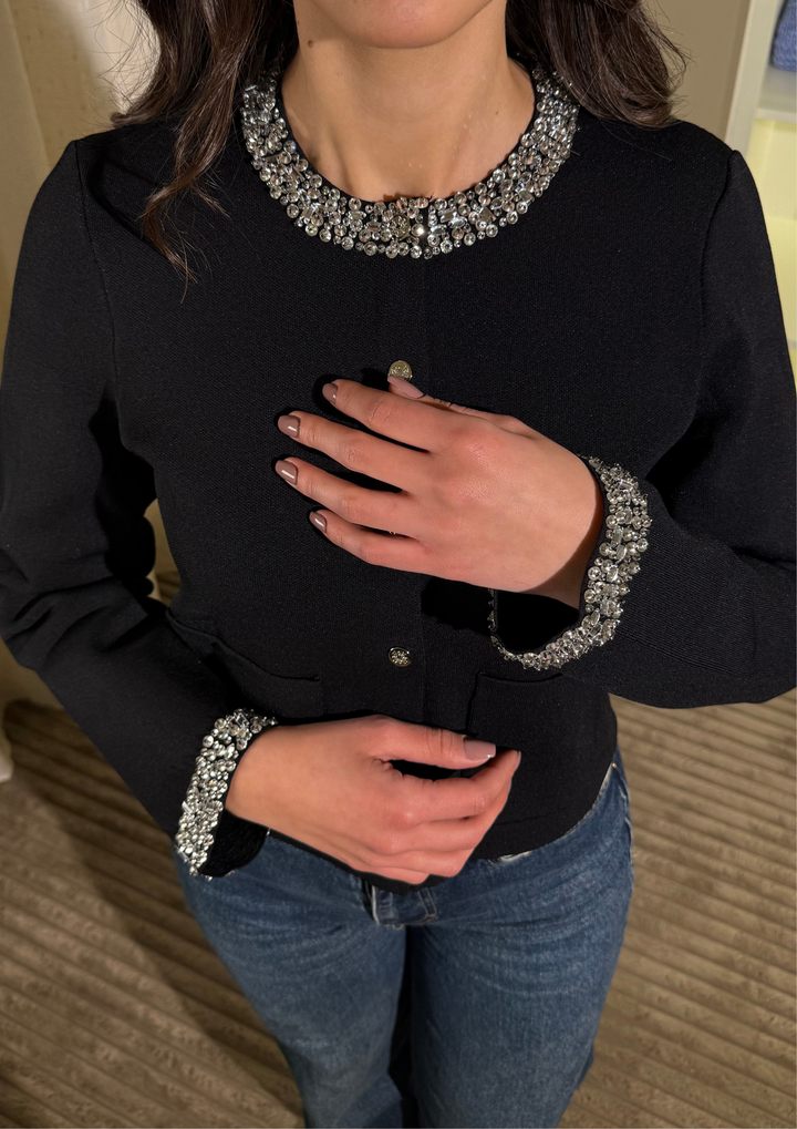 Crystal Luxe Embellished Cuff Detailed soft Wool Knit Jacket Top