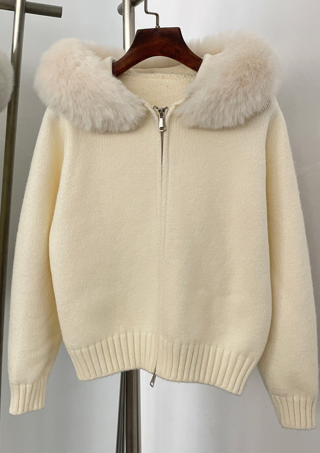 Fox Fur Collar Soft Wool Hooded jacket Top