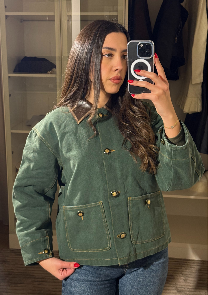 Leather Collar Casual Denim Green Jacket