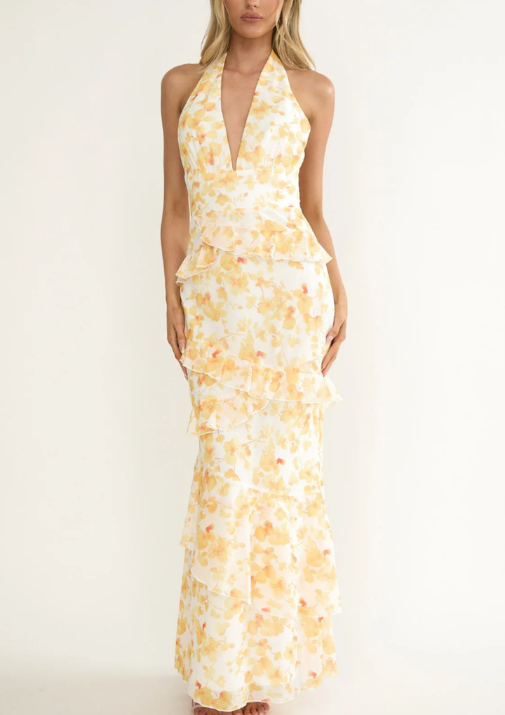 Sunlit Bloom Halter Maxi Dress