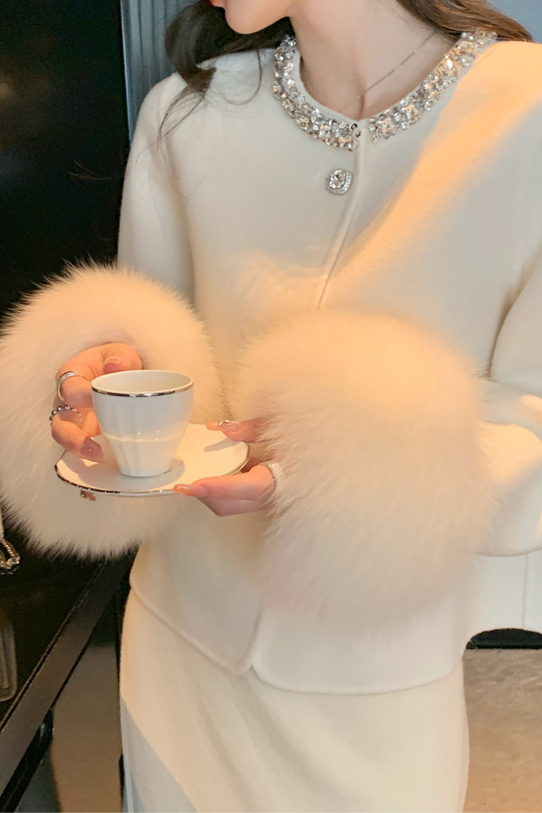 Crystal Collar Luxe Fur Cuff Wool Cardigan Top