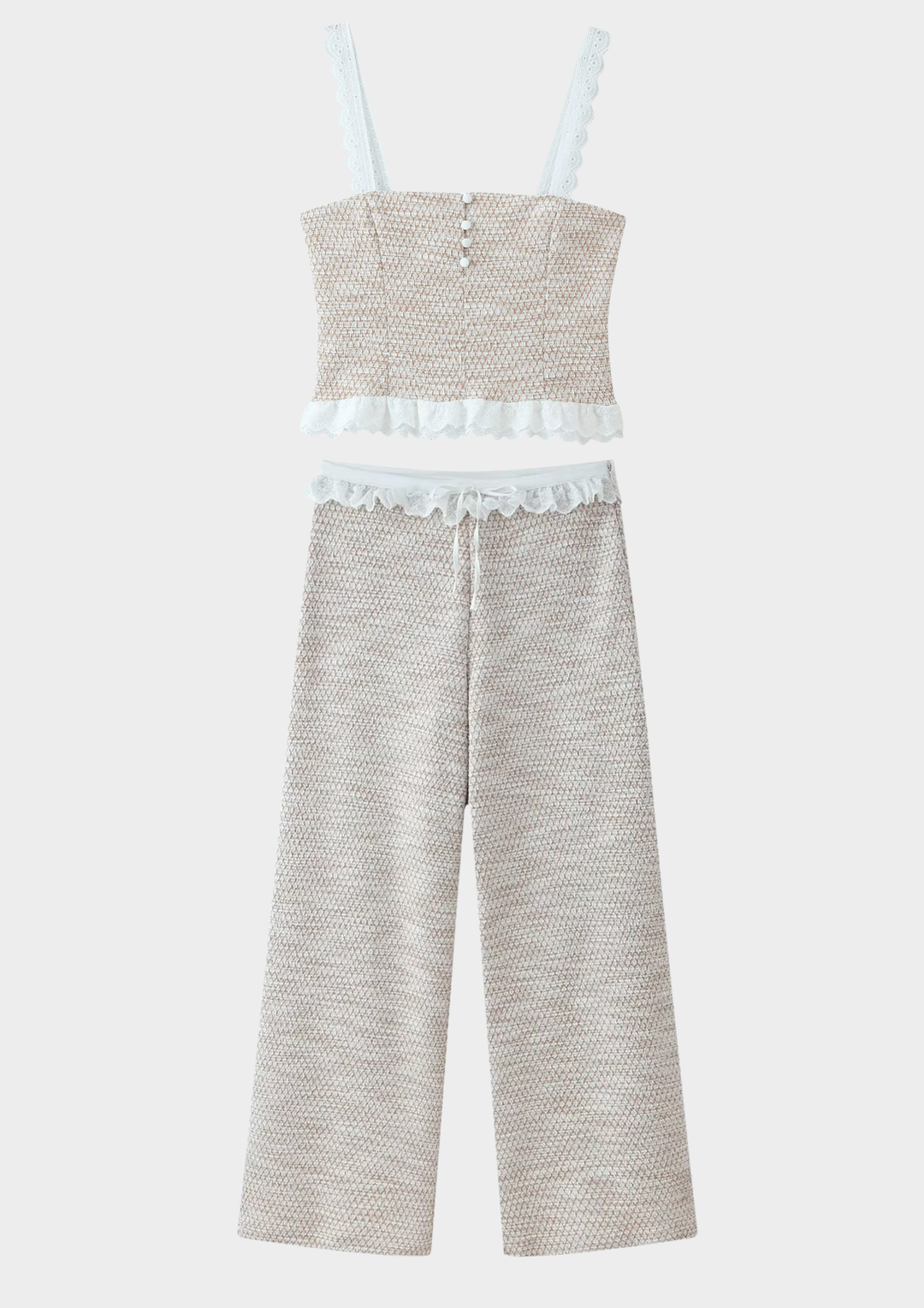 Lace Trim Tweed Cami &amp; Wide Leg Pants Set