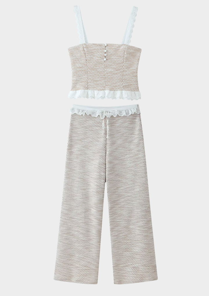 Lace Trim Tweed Cami &amp; Wide Leg Pants Set